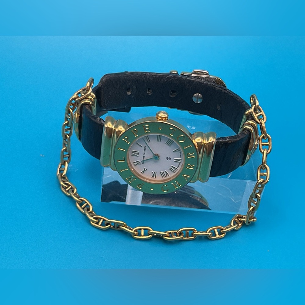 Gold-Tone Women's Watch with Black Leather Strap